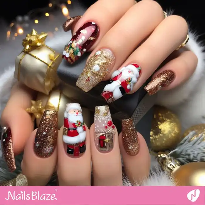 Santa Claus and Wrapped Presents Glitter Nails | Christmas | Winter - NB1325